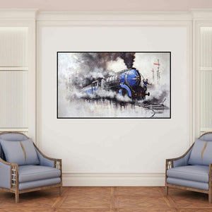 'Nostalgia Of Steam Locomotives 47 (The Iron Giant)' painting by Kishore Pratim Biswas shown on a wall in a furnished room.