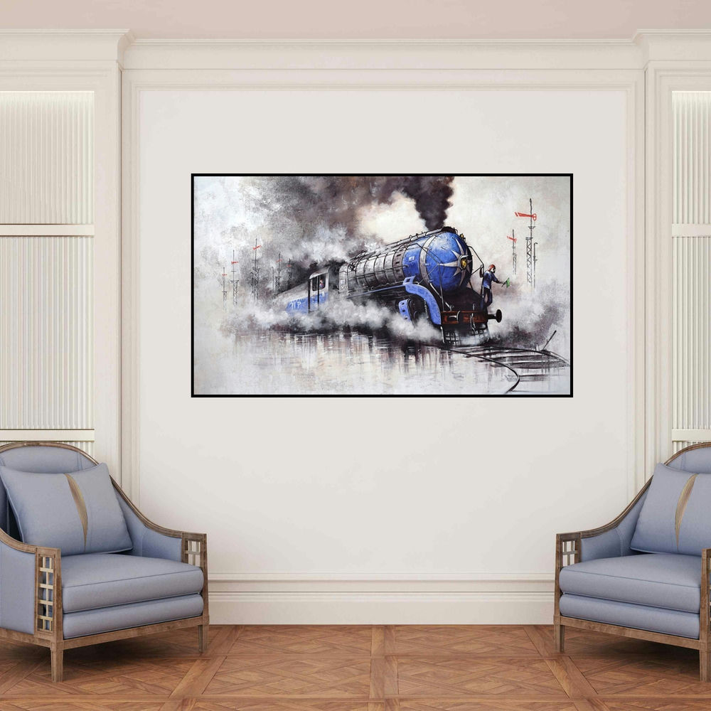 'Nostalgia Of Steam Locomotives 47 (The Iron Giant)' painting by Kishore Pratim Biswas shown on a wall in a furnished room.