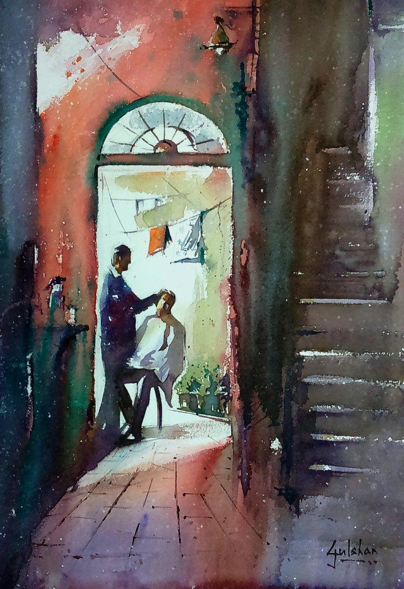 Figurative watercolor painting titled 'Nostalgia Water', 18x13 inches, by artist Gulshan Achari on Paper