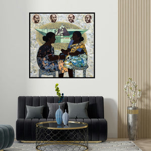 Harshada Kolapkar's 'Nota Bandi (The Power of the Vote)' painting visualized above a sofa in a contemporary room.