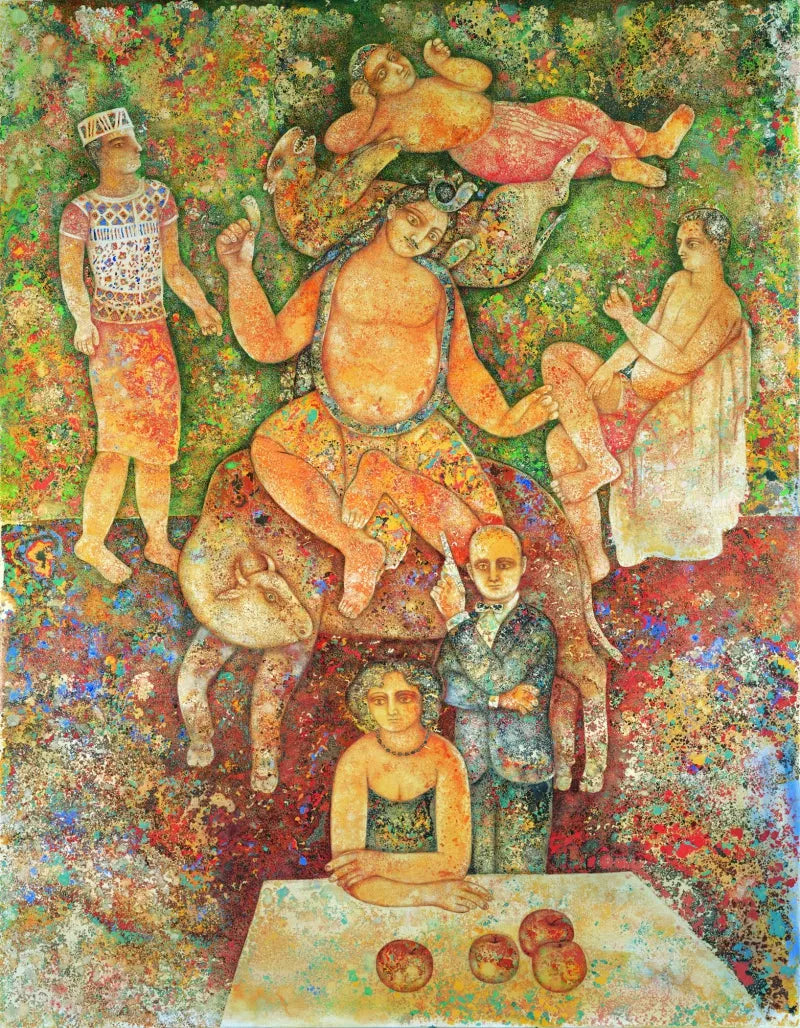 Religious serigraphs painting titled 'Now And Then', 40x30 inch, by artist Sakti Burman on Paper