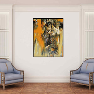 In-situ view of Vishal Phasale's 'Nrutya Chandrika 76 (Woman with Bird and Moon)' painting in a room