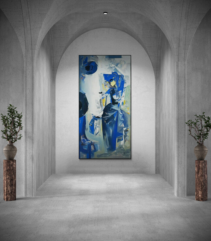 In-situ view of Vishal Phasale's 'Nrutyachandrika 55 (Sapphire Silhouette)' painting in a room