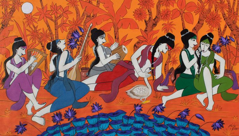 Figurative acrylic painting titled 'Occuied', 35x59 inches, by artist Chetan Katigar on Canvas