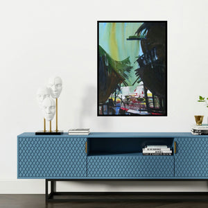 'Ocean Moods 1 (Rivers Embrace)' painting by Sunil Kale shown on a wall in a furnished room.