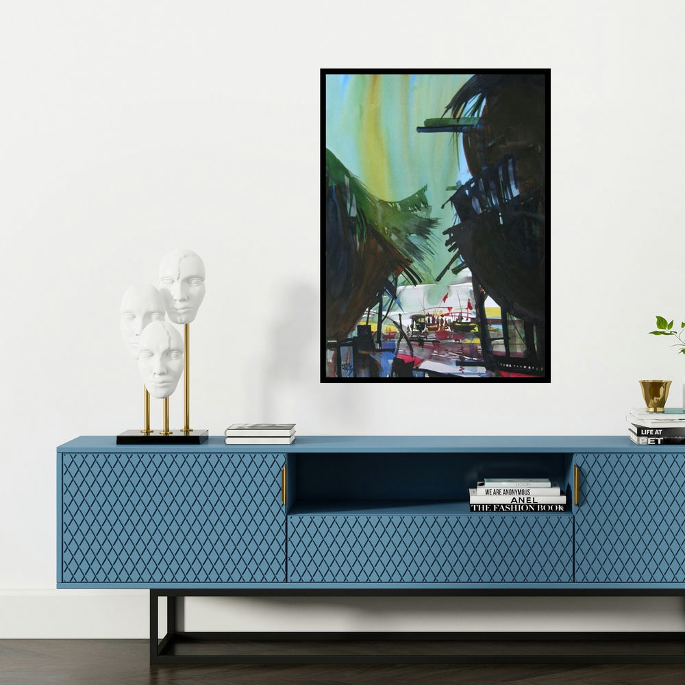 'Ocean Moods 1 (Rivers Embrace)' painting by Sunil Kale shown on a wall in a furnished room.