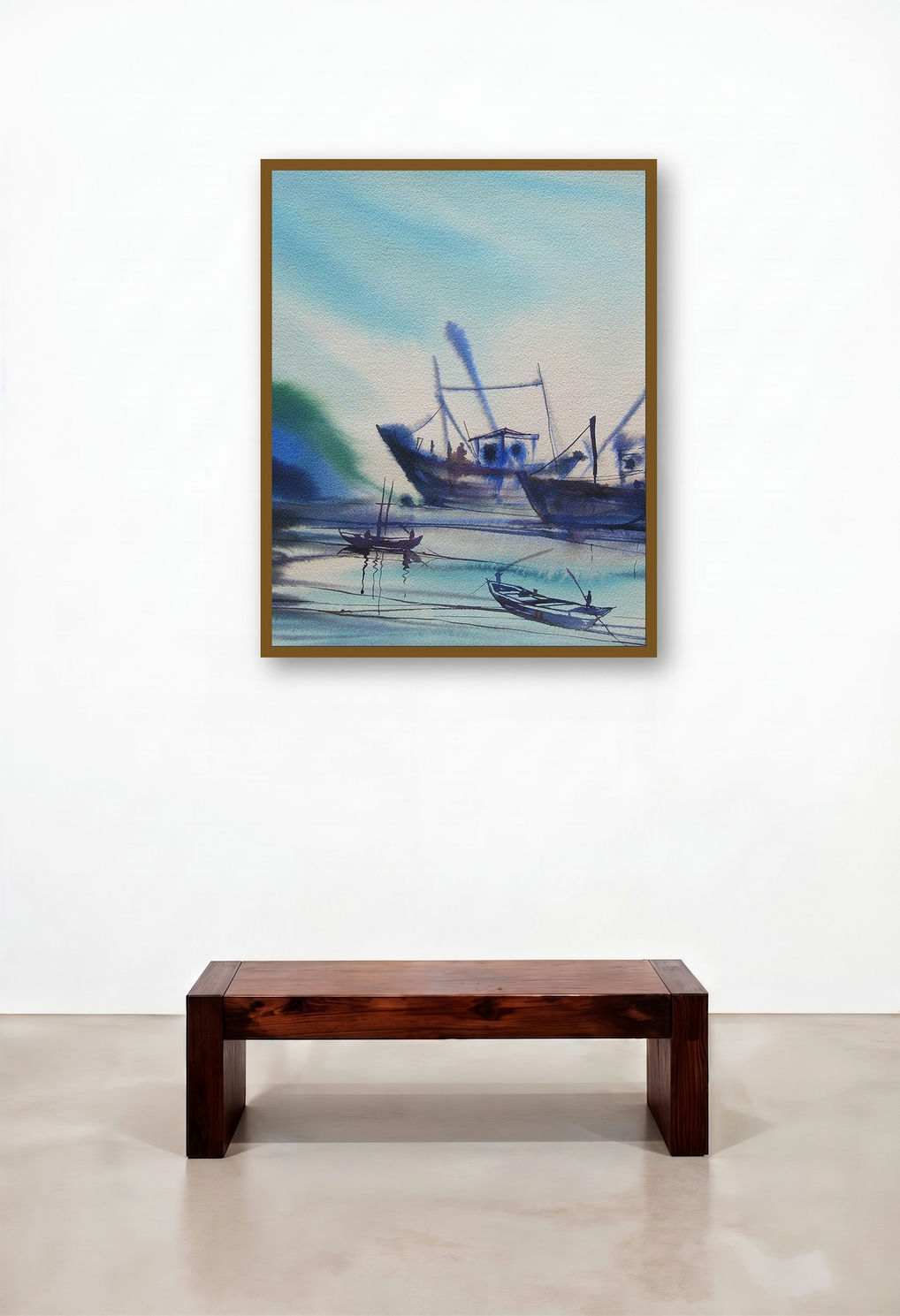 Ocean Moods 18 (Harbor Hues) by artist Sunil Kale displayed in a Eclectic Hallway