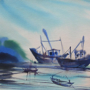 Ocean Moods 18 (Harbor Hues) by Sunil Kale, Original Watercolor Seascape Painting on Paper, Small Square Wall Art