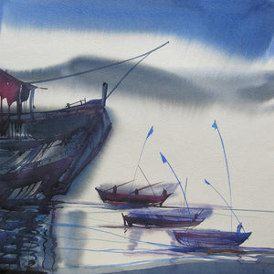 Ocean Moods 19 (Drifting Dreams) by Sunil Kale, Original Watercolor Seascape Painting on Paper, Small Square Wall Art