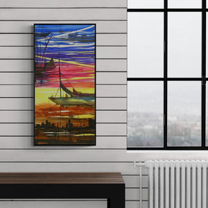 Preview of 'Ocean Moods 4 (Twilight Symphony)' Painting by Sunil Kale shown on a wall in a furnished room.