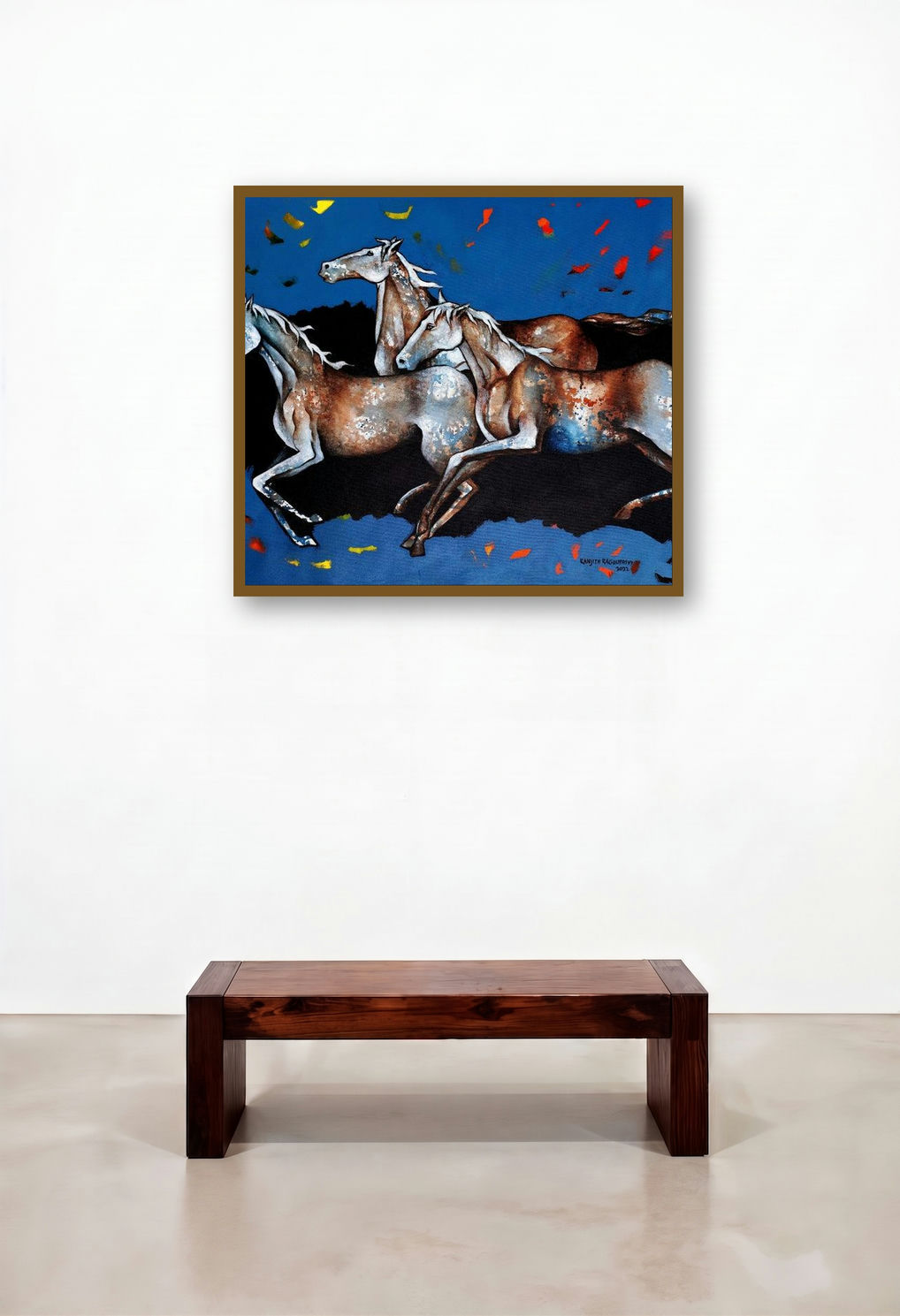 October Horses (Boundless Energy**) by artist Ranjith Raghupathy displayed in a Rustic Lounge
