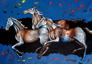 October Horses (Boundless Energy**) by Ranjith Raghupathy, Original Acrylic Animal Painting on Canvas, Medium Horizontal Wall Art