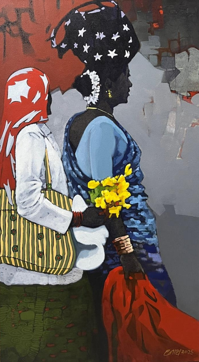 'Odh' figurative acrylic painting by artist Navnath Kshirsagar, 36x20 inch, on canvas