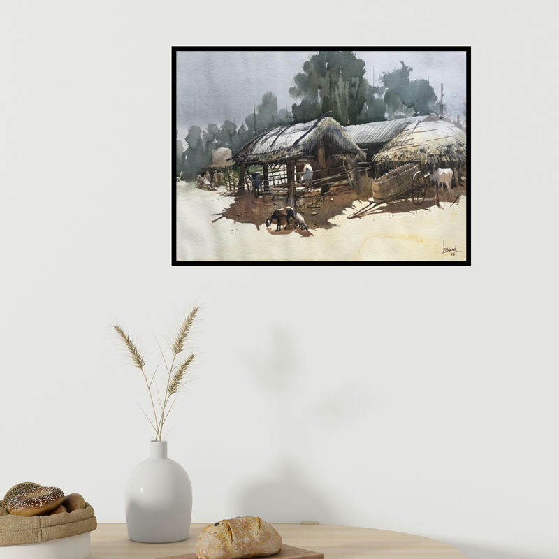 In-situ view of Bijay Biswaal's 'Odisha Village 2' painting in a room