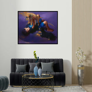 'Offline (Boy and His Playful Companions)' painting by Pramod Kurlekar shown on a wall in a furnished room.