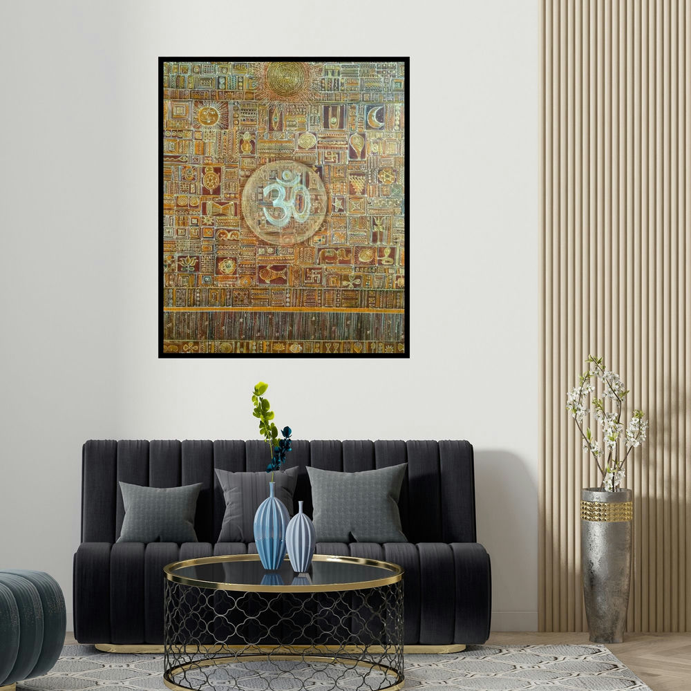 'Ohm (Cosmic Om)' painting by Madhavi Joshi shown on a wall in a furnished room.