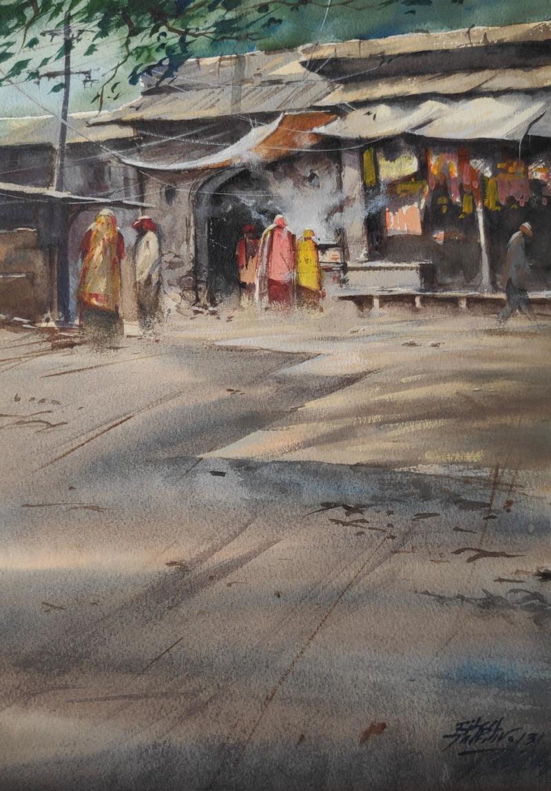 Cityscape watercolor painting titled 'Old Ajmer Street', 20x14 inches, by artist Ritesh Jadhav on Paper