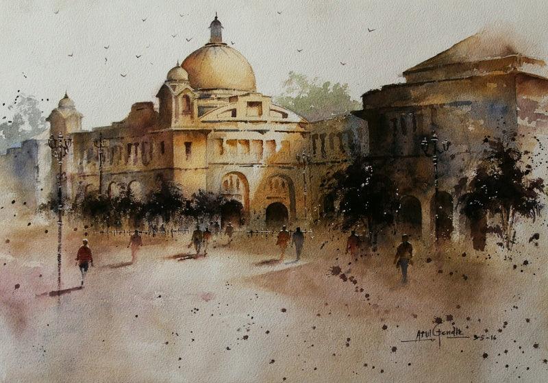 Cityscape watercolor painting titled 'Old Architecture', 14x21 inches, by artist Atul Gendle on Paper