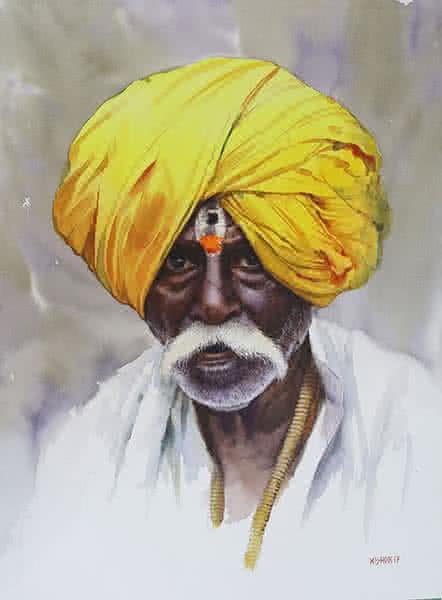 Portrait watercolor painting titled 'Old Beauty', 28x22 inches, by artist Kishor Nadavdekar on Paper