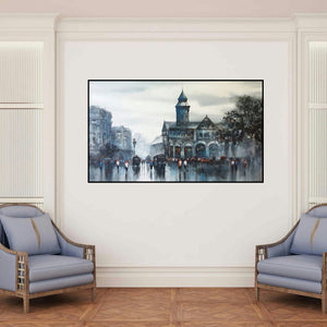 'Old Bombay (A Mumbai Street Scene)' painting by Ashif Hossain shown on a wall in a furnished room.