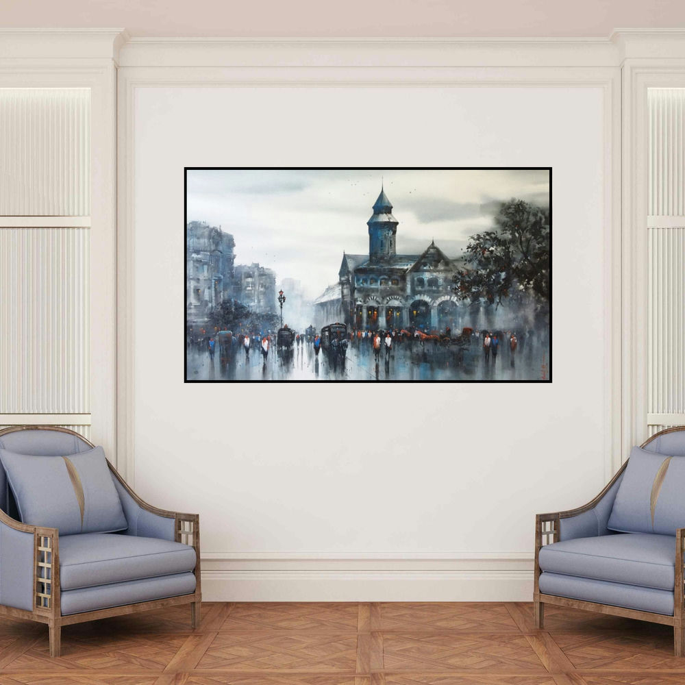 'Old Bombay (A Mumbai Street Scene)' painting by Ashif Hossain shown on a wall in a furnished room.