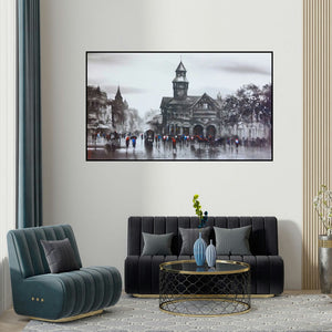 Ashif Hossain's 'Old Bombay (Bombay Monsoon)' painting visualized above a sofa in a contemporary room.