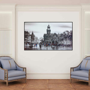 'Old Bombay (Bombay Monsoon)' painting by Ashif Hossain shown on a wall in a furnished room.