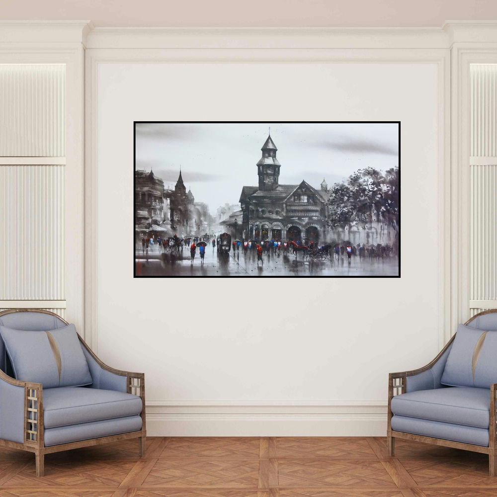 'Old Bombay (Bombay Monsoon)' painting by Ashif Hossain shown on a wall in a furnished room.