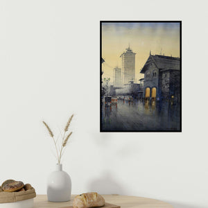 Atul Gendle's 'Old Bombay' painting visualized above a sofa in a contemporary room.