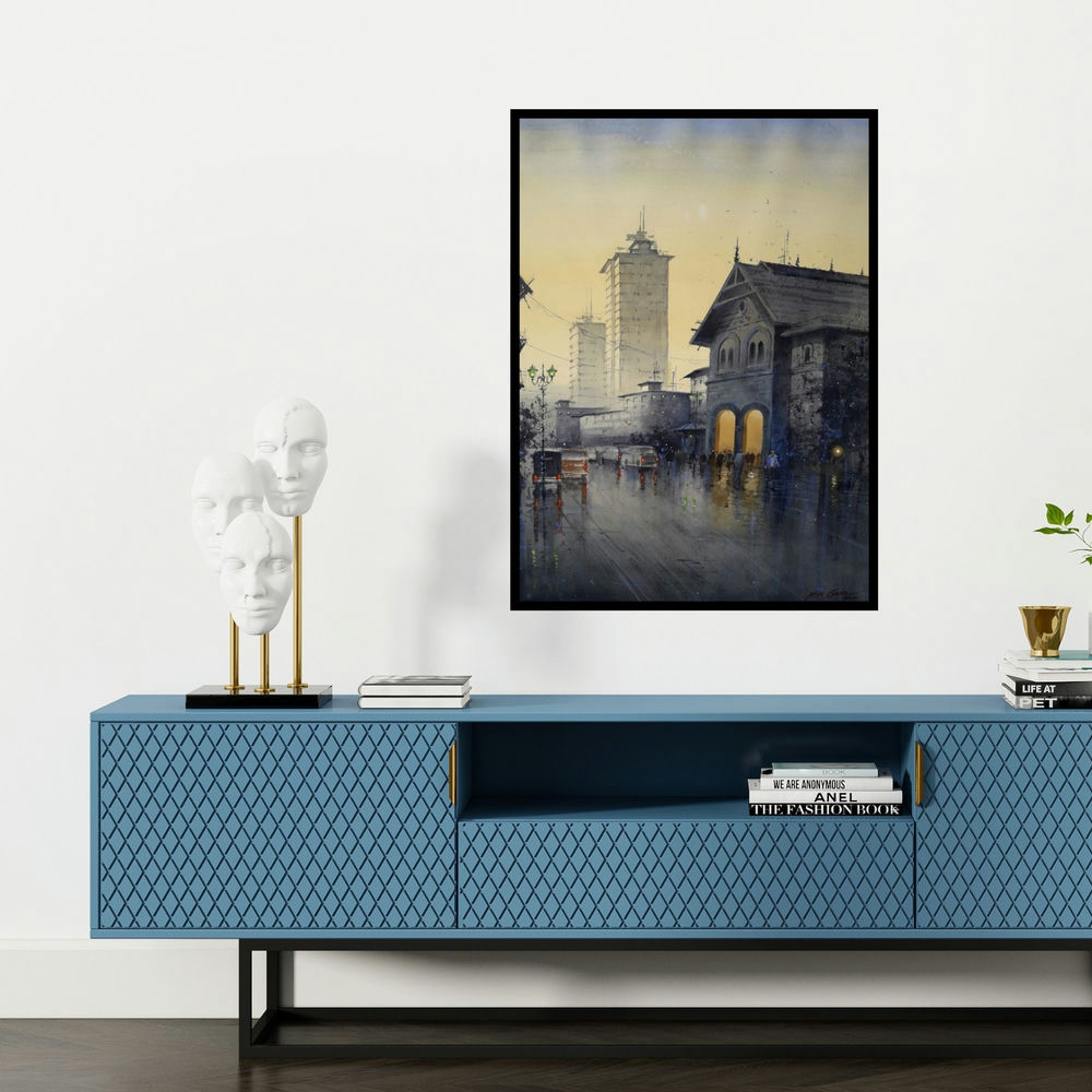 'Old Bombay' painting by Atul Gendle shown on a wall in a furnished room.