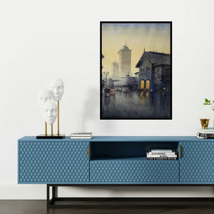 'Old Bombay' painting by Atul Gendle shown on a wall in a furnished room.
