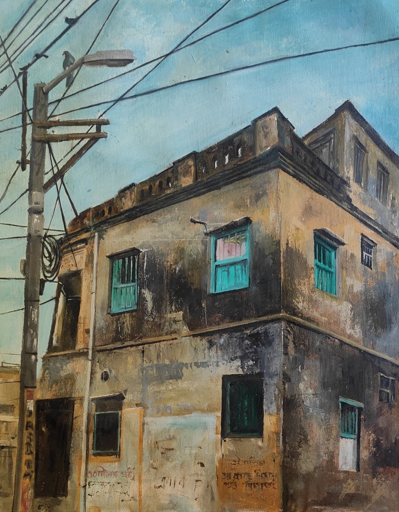 'Old Building' landscape acrylic painting by artist Soyali Saha, 20x16 inch, on canvas