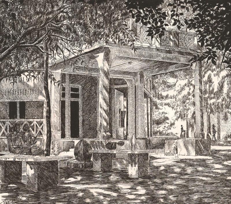 Landscape pen ink drawing titled 'Old Building', 15x11 inches, by artist Prashantarts on paper
