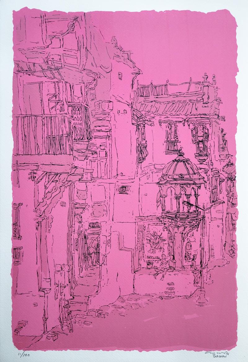 Cityscape serigraphs painting titled 'Old City 1', 22x15 inches, by artist Vrindavan Solanki on Paper