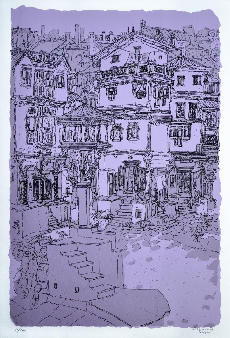 Cityscape serigraphs painting titled 'Old City 2', 22x15 inches, by artist Vrindavan Solanki on Paper