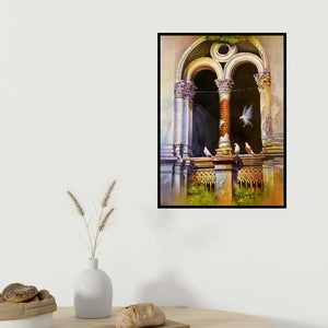 Amit Bhar's 'Old Heritage 2' painting visualized above a sofa in a contemporary room.