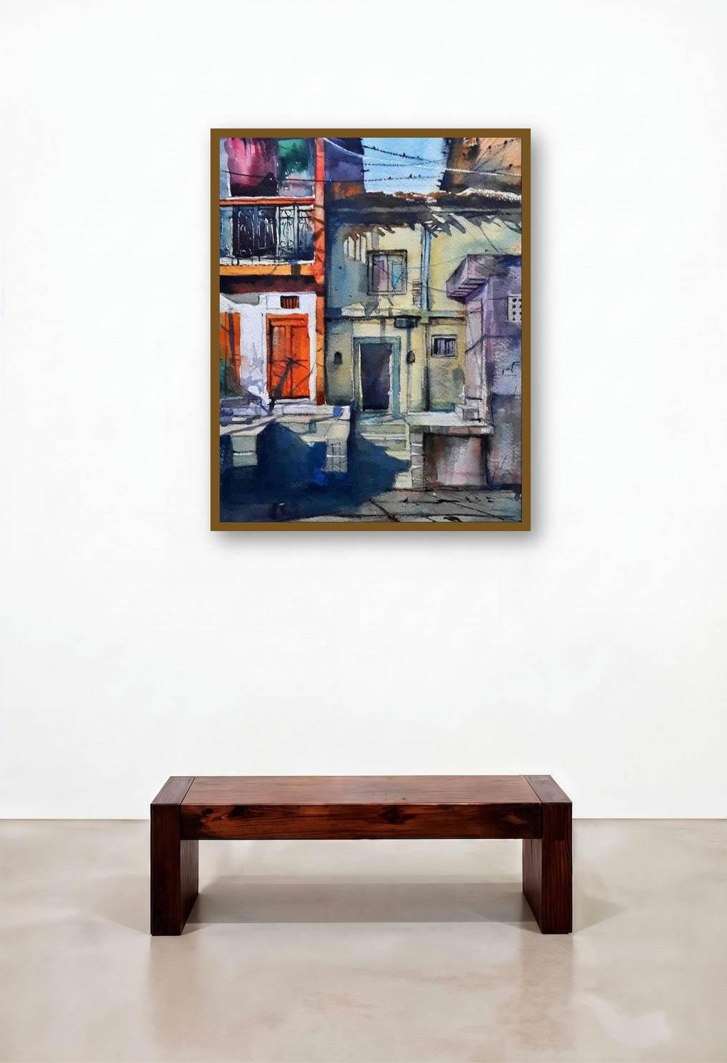 Old House At Nashik (Sunlit Corner) by artist Jitendra Divte displayed in a Boutique Hotel Style Library