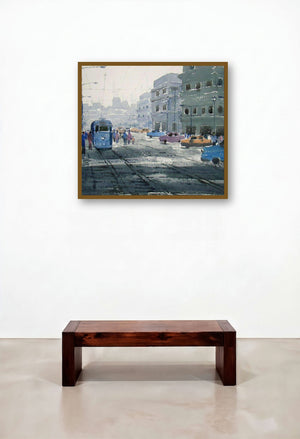 Old Kolkata (Calcutta Canvas) by artist Jiaur Rahman displayed in a Mid-Century Modern Hotel Suite
