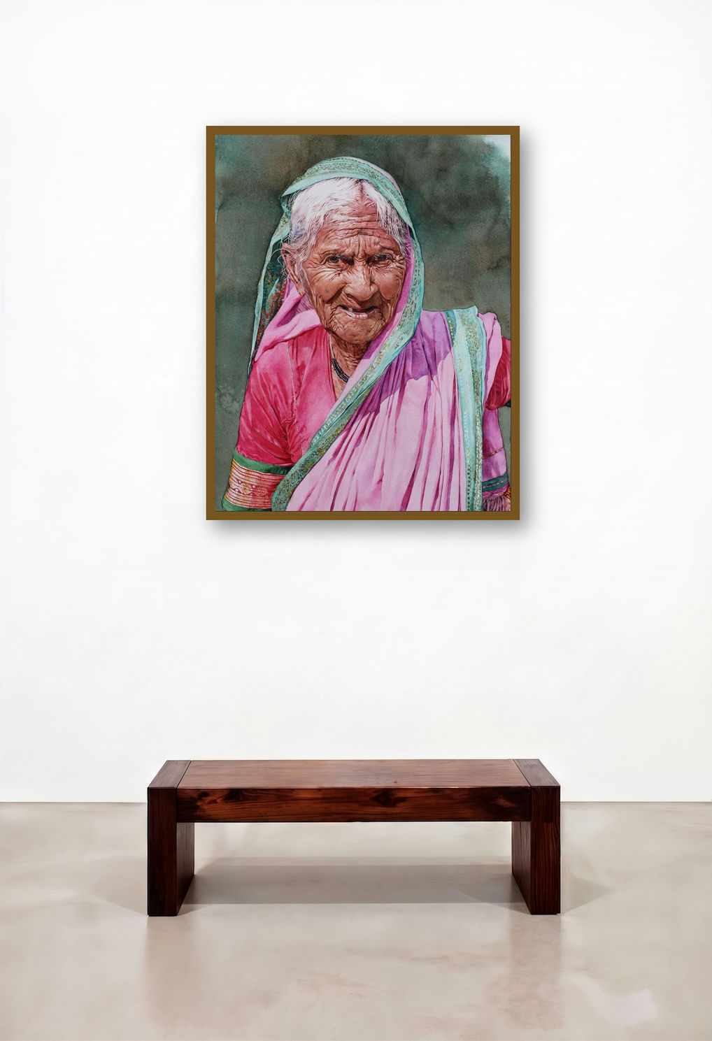 Old Lady In Pink Sari (The Weaver's Gaze) by artist Dr Uday Bhan displayed in a Designer Executive Office