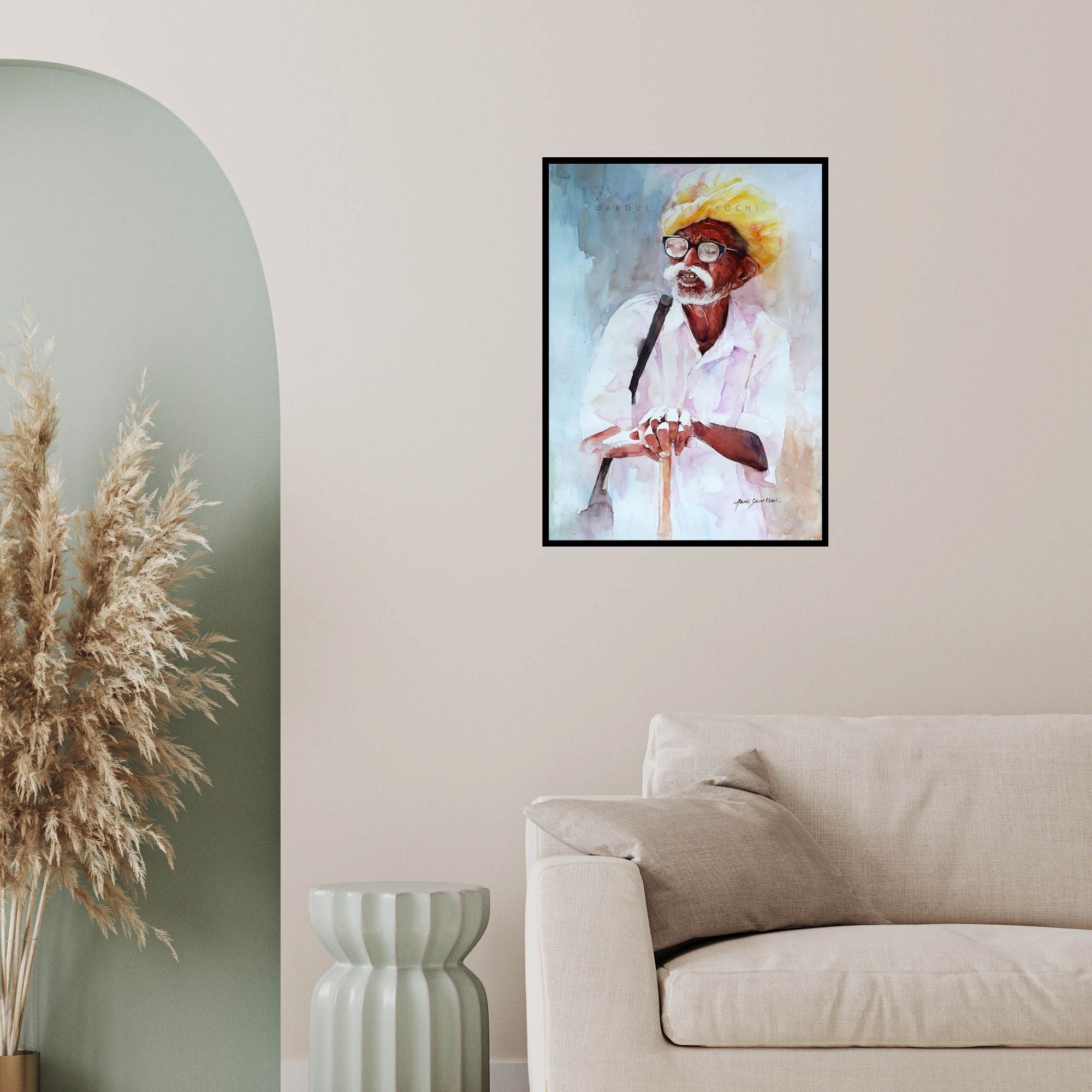 In-situ view of Abdul Salim's 'Old Man' painting in a room