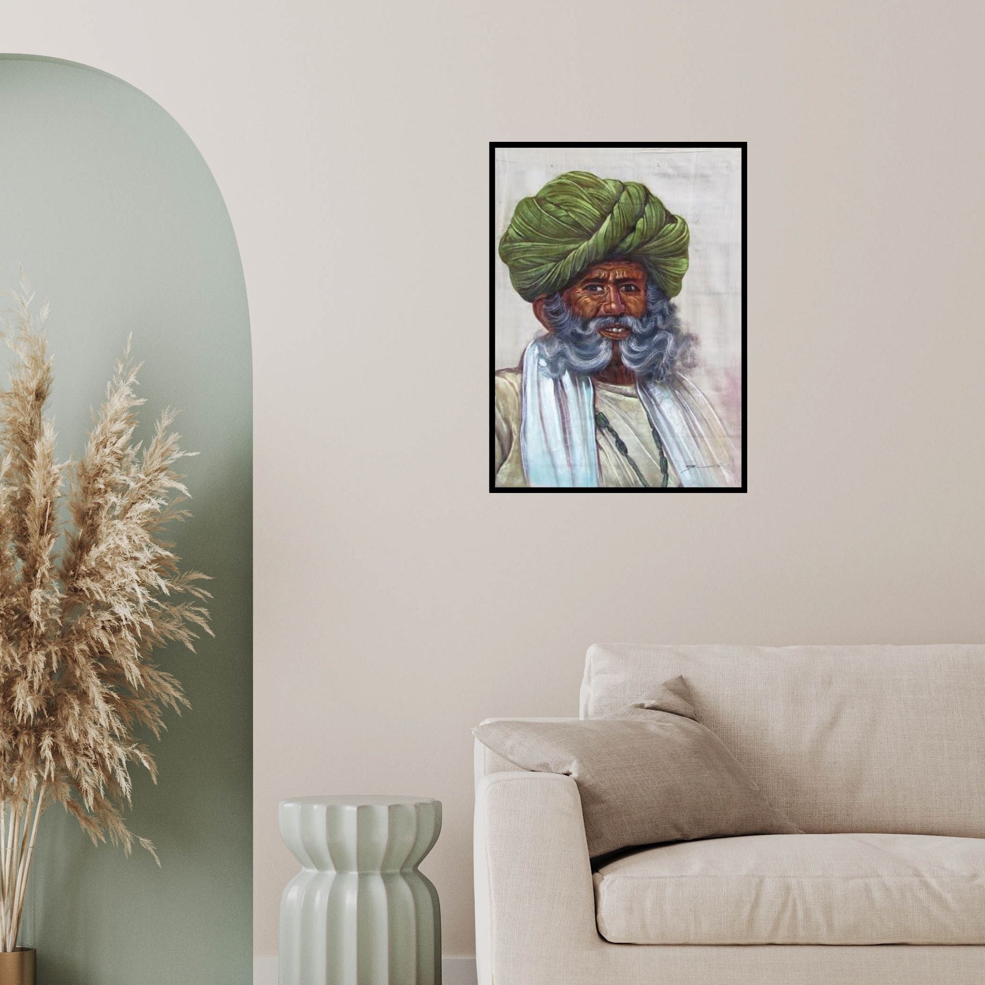 In-situ view of Indian Miniture's 'Old Man' painting in a room