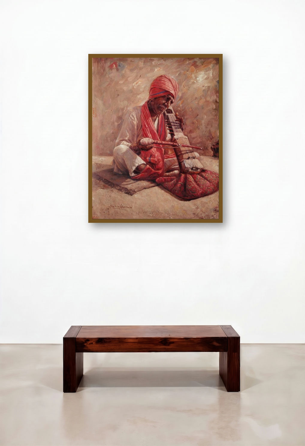 Old Man With Sarangi (The Sarangi Player) by artist Sabir Hussain displayed in a Minimalist Bedroom
