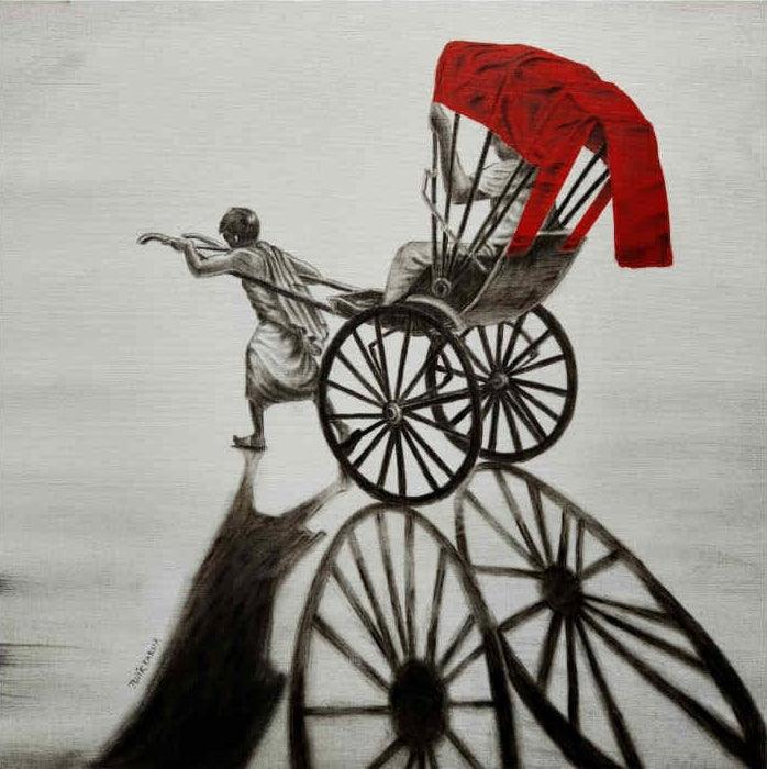 Cityscape charcoal painting titled 'Old Memories In Kolkata 1', 24x24 inches, by artist Tulika Thakur on Canvas