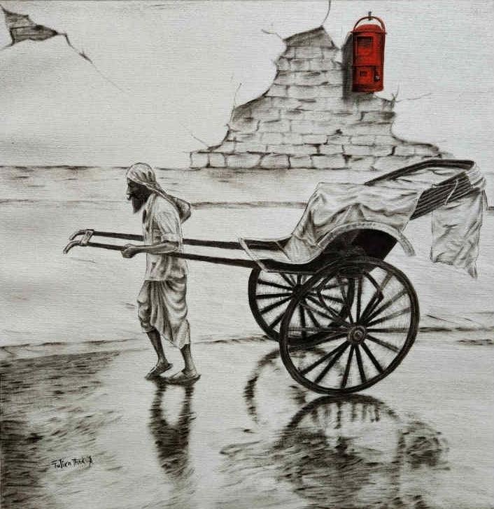 Cityscape charcoal painting titled 'Old Memories In Kolkata 2', 24x24 inches, by artist Tulika Thakur on Canvas