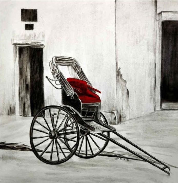 Cityscape charcoal painting titled 'Old Memories In Kolkata 6', 24x24 inches, by artist Tulika Thakur on Canvas