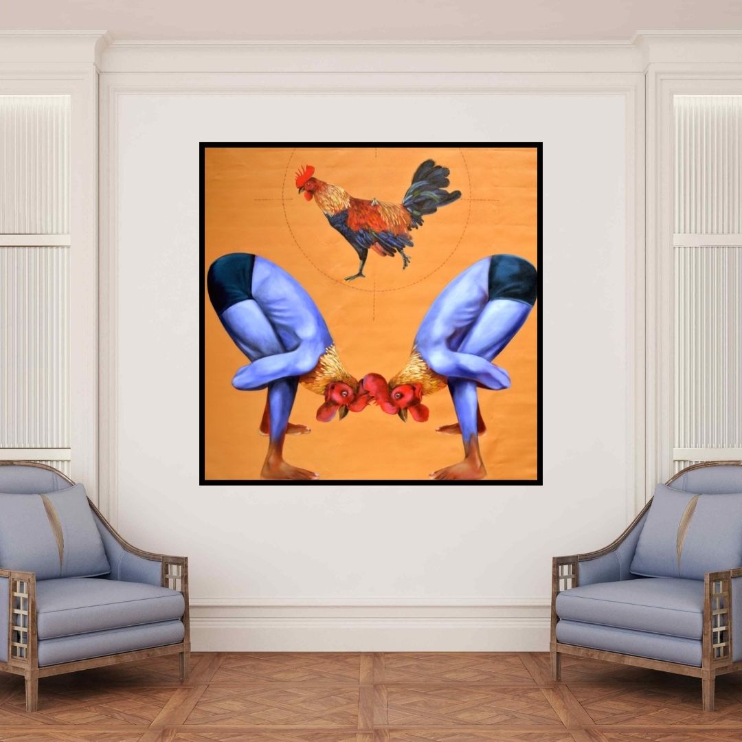 In-situ view of Swapnil Ramgade's 'Old Memory (The Rooster Pose)' painting in a room