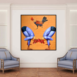 In-situ view of Swapnil Ramgade's 'Old Memory (The Rooster Pose)' painting in a room