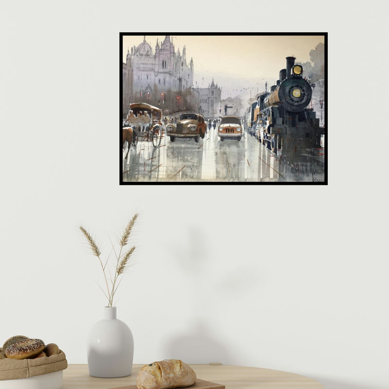 In-situ view of Bijay Biswaal's 'Old Mumbai' painting in a room