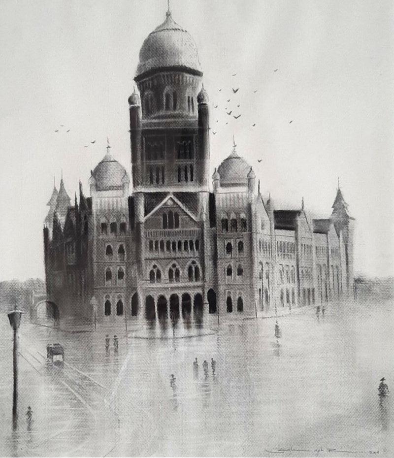 Cityscape charcoal painting titled 'Old Mumbai 2', 21x18 inches, by artist Akash Parkande on Canvas