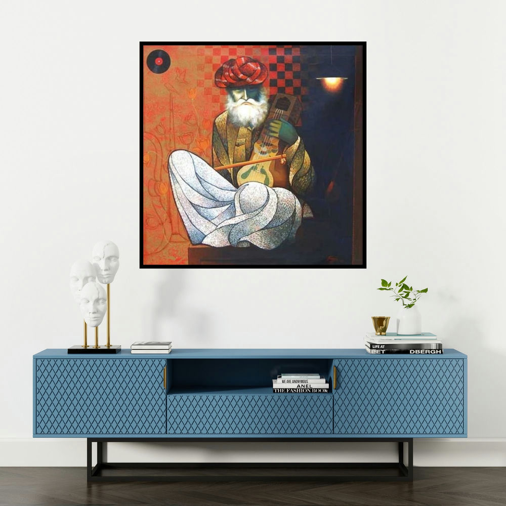 'Old Musician (Echoes of Melancholy)' painting by Ram Onkar shown on a wall in a furnished room.